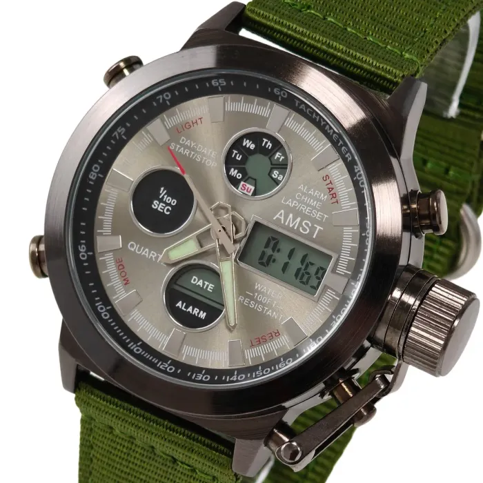 Чоловічий водостійкий спортивний тактичний годинник AMST Mountain Green, 2 ремінці - зображення 1