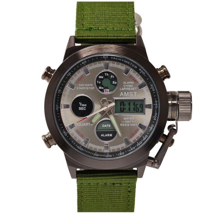 Чоловічий водостійкий спортивний тактичний годинник AMST Mountain Green, 2 ремінці - изображение 2