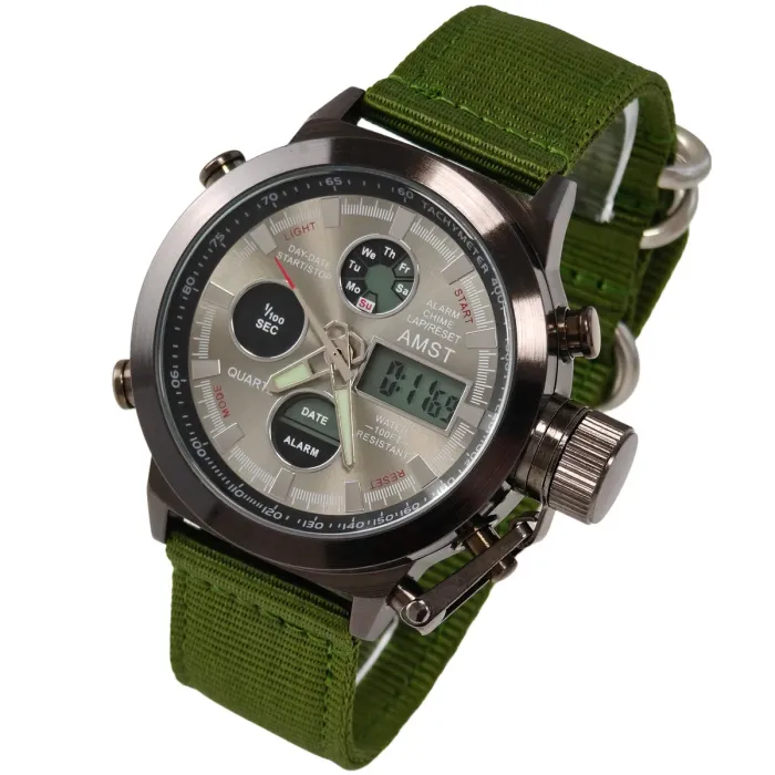 Чоловічий водостійкий спортивний тактичний годинник AMST Mountain Green, 2 ремінці - зображення 3