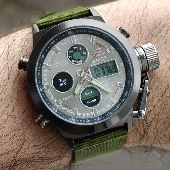 Чоловічий водостійкий спортивний тактичний годинник AMST Mountain Green, 2 ремінці - изображение 7