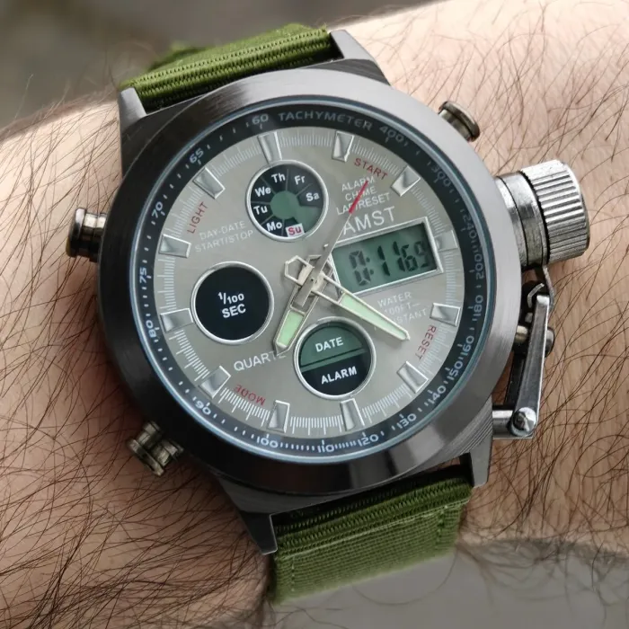 Чоловічий водостійкий спортивний тактичний годинник AMST Mountain Green, 2 ремінці - зображення 7