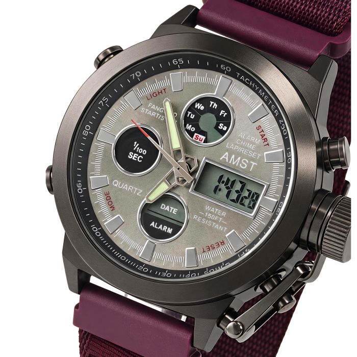 Чоловічий водостійкий спортивний тактичний годинник AMST Mountain Bordo, 2 ремінці - зображення 1