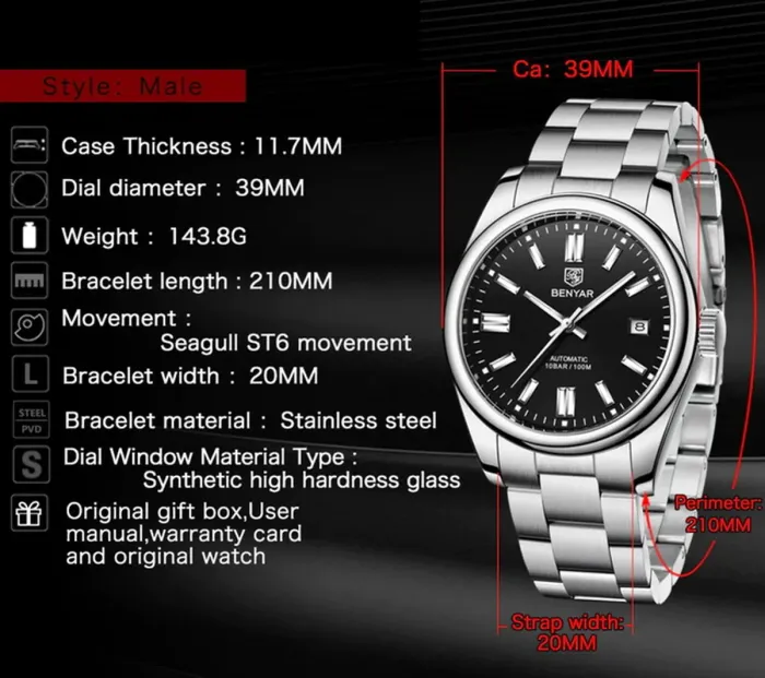 Чоловічі годинники Benyar Automatic 10 BAR - зображення 6