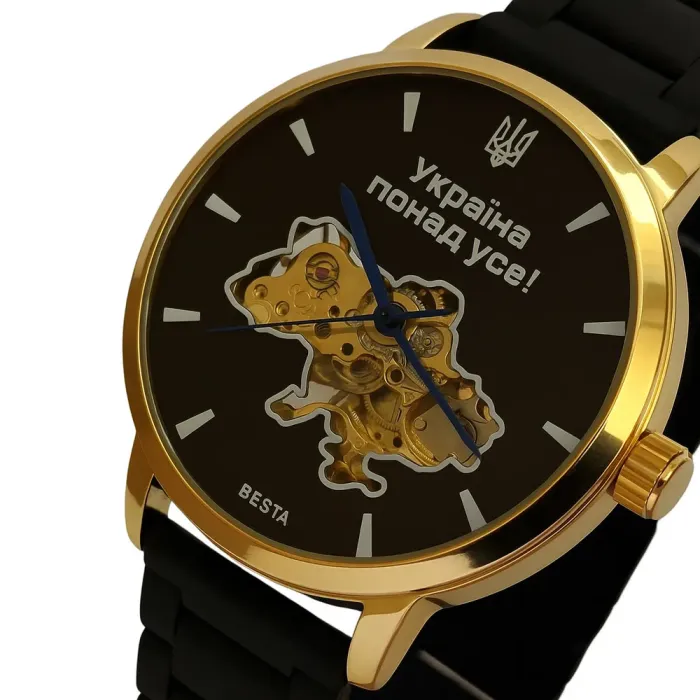 Чоловічий механічний годинник Besta Skeleton Gold Black Metal, 2 ремінці - зображення 1