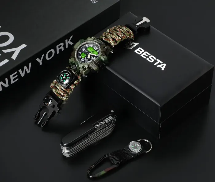 Чоловічий водостійкий спортивний тактичний з компасом годинник Besta Box Military Set подарунковий набір, з компасом - зображення 3