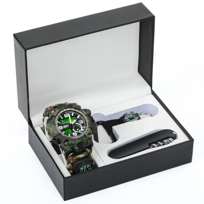 Чоловічий водостійкий спортивний тактичний з компасом годинник Besta Box Military Set подарунковий набір, з компасом - зображення 1