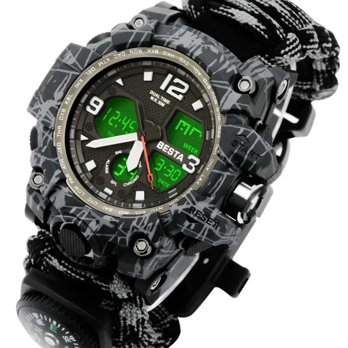 Чоловічий водостійкий спортивний тактичний з компасом годинник Besta Life Pro Grey з компасом - зображення 1