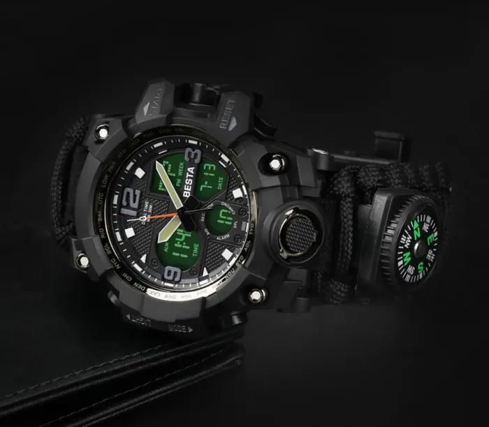 Чоловічий водостійкий спортивний тактичний з компасом годинник Besta Life Pro AllBlack з компасом - зображення 3