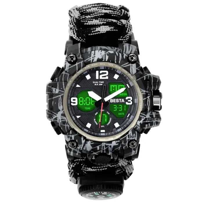 Чоловічий водостійкий спортивний тактичний з компасом годинник Besta Life Pro Grey з компасом - зображення 2