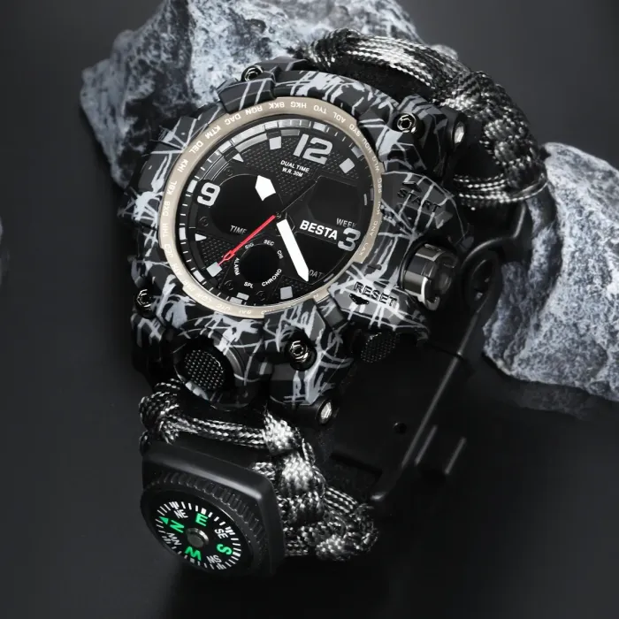 Чоловічий водостійкий спортивний тактичний з компасом годинник Besta Life Pro Grey з компасом - зображення 3