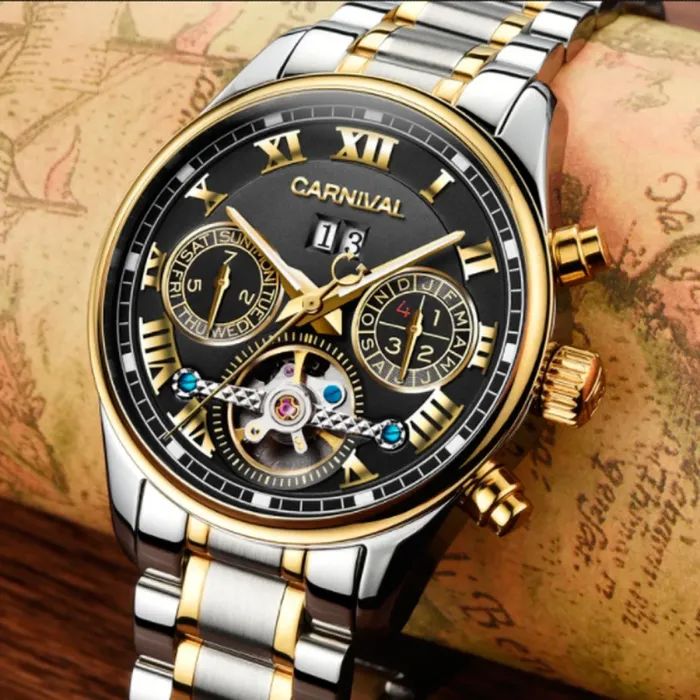 Чоловічий механічний годинник Carnival Sappfire Silver Leather Deluxe, 2 ремінці - изображение 5