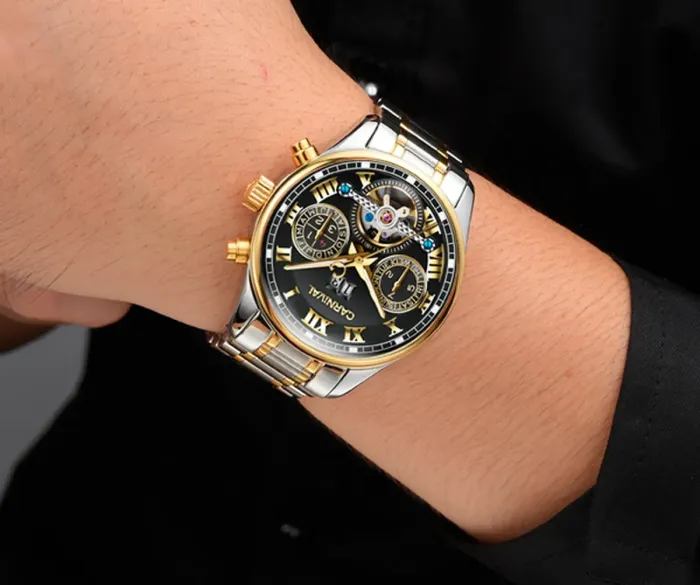 Чоловічий механічний годинник Carnival Sappfire Silver Leather Deluxe, 2 ремінці - зображення 7