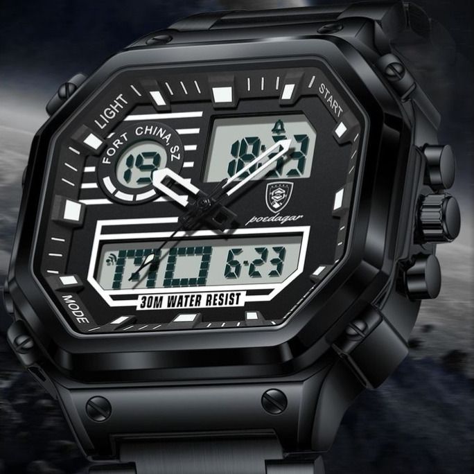 Чоловічий спортивний тактичний годинник Poedagar Dual Black - изображение 4