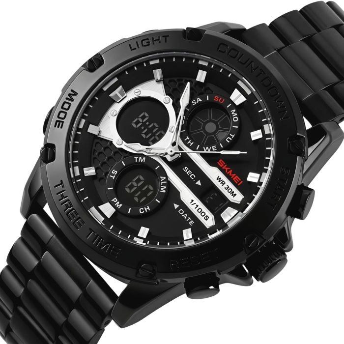 Чоловічий спортивний тактичний годинник Skmei Favourite Black Steel, 2 ремінці - изображение 1