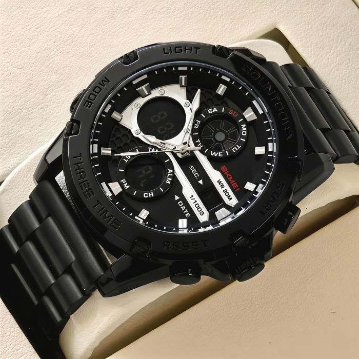 Чоловічий спортивний тактичний годинник Skmei Favourite Black Steel, 2 ремінці - изображение 2