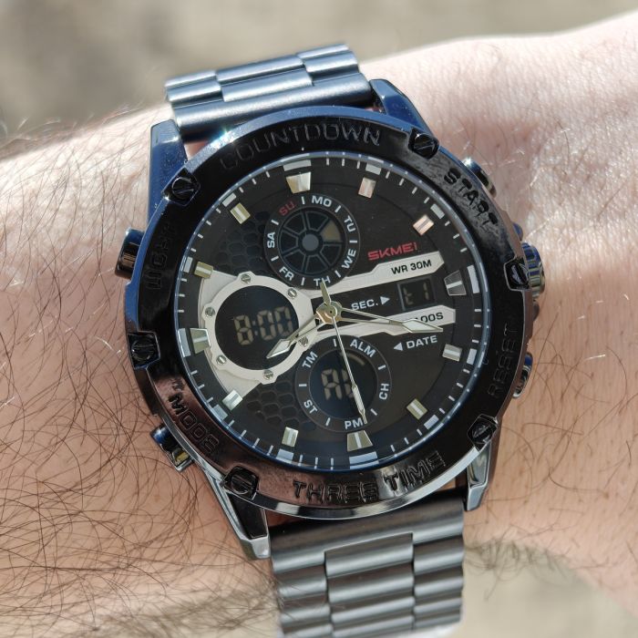 Чоловічий спортивний тактичний годинник Skmei Favourite Black Steel, 2 ремінці - зображення 5