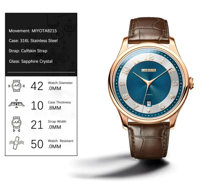 Чоловічий механічний годинник Lobinni Florence - зображення 7