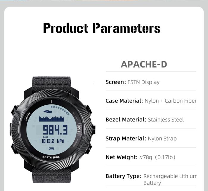 Чоловічий спортивний тактичний з компасом годинник North Edge Apache Model D Silicon, 2 ремінці - изображение 11