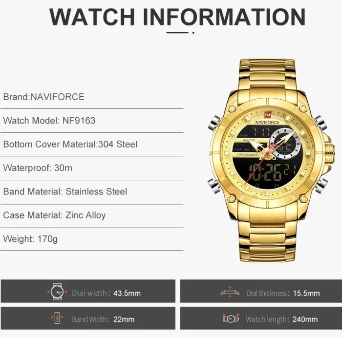 Чоловічий спортивний тактичний годинник Naviforce Jazz Gold - зображення 9