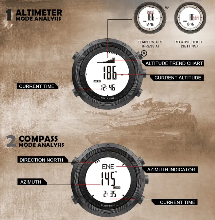 Чоловічий водостійкий спортивний тактичний з компасом годинник North Edge Desert 5BAR з компасом - зображення 6