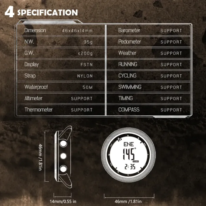 Чоловічий водостійкий спортивний тактичний з компасом годинник North Edge Desert 5BAR з компасом - зображення 8