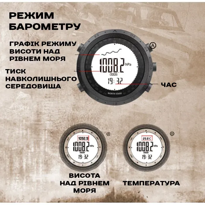 Чоловічий водостійкий спортивний тактичний з компасом годинник North Edge Desert 5BAR з компасом УЦІНКА - зображення 7