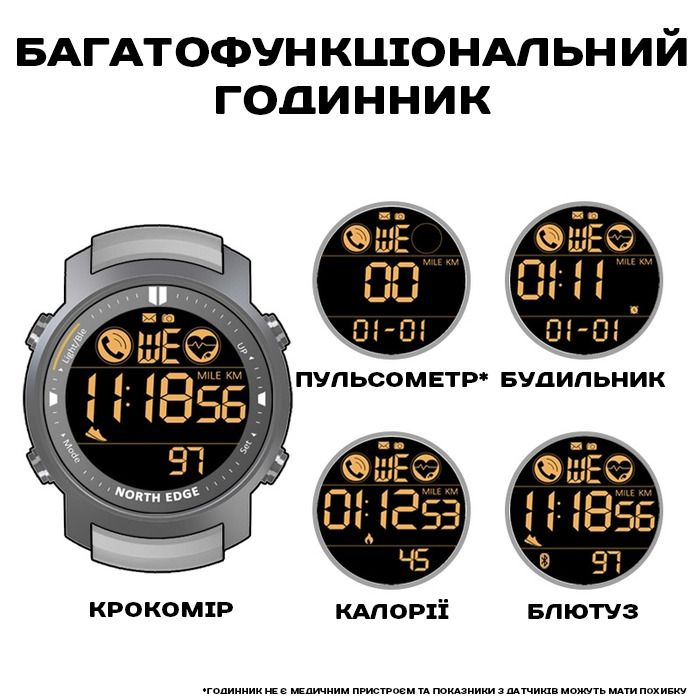 Чоловічий водостійкий спортивний тактичний годинник North Edge Laker Iron Edition, 2 ремінці - изображение 4