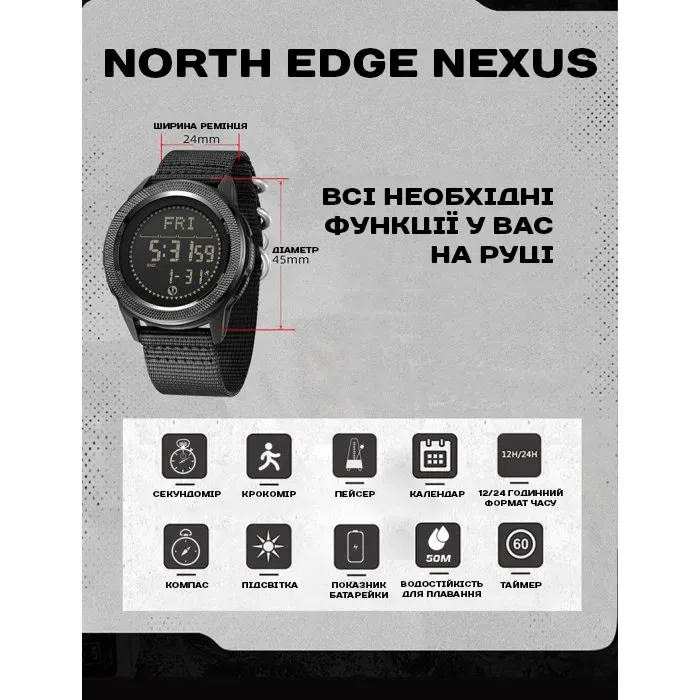 Чоловічий водостійкий спортивний тактичний з компасом годинник North Edge Nexus Rubber з компасом, 2 ремінці - зображення 5
