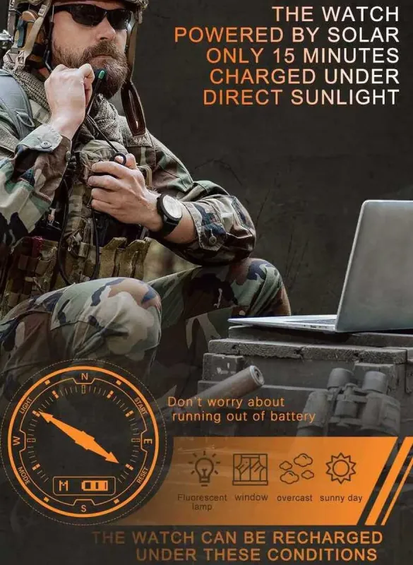 Чоловічий водостійкий спортивний тактичний з компасом годинник North Edge Solar Compass - зображення 4