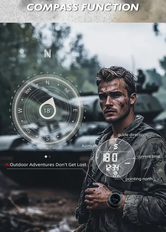 Чоловічий спортивний водостійкий тактичний з компасом годинник North Edge Tank3 5BAR з компасом - зображення 3