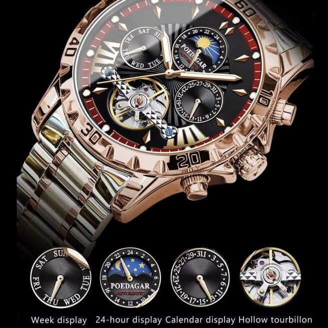 Чоловічий механічний годинник Poedagar Mechanical Prestige, 2 ремінці - изображение 4
