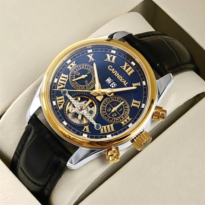 Чоловічий механічний годинник Carnival Sappfire Silver Leather Deluxe, 2 ремінці - изображение 3