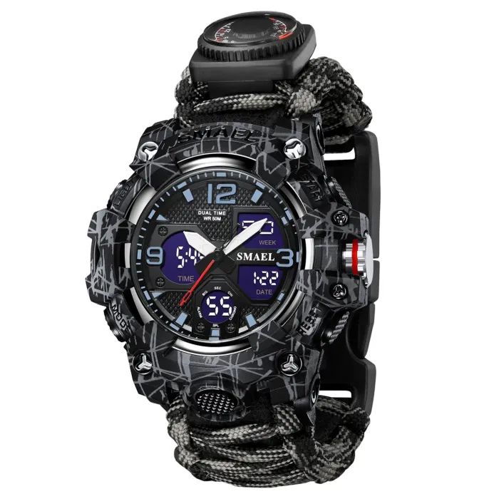 Чоловічий спортивний водостійкий тактичний з компасом годинник Smael Grey Compass - зображення 1