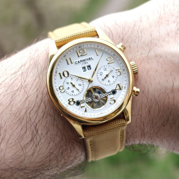 Чоловічий механічний годинник Carnival Swiss Sahara Gold, 2 ремінці - зображення 6