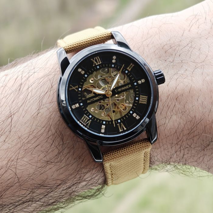 Чоловічий механічний годинник Winner Triumph Sahara Gold, 2 ремінці - зображення 8