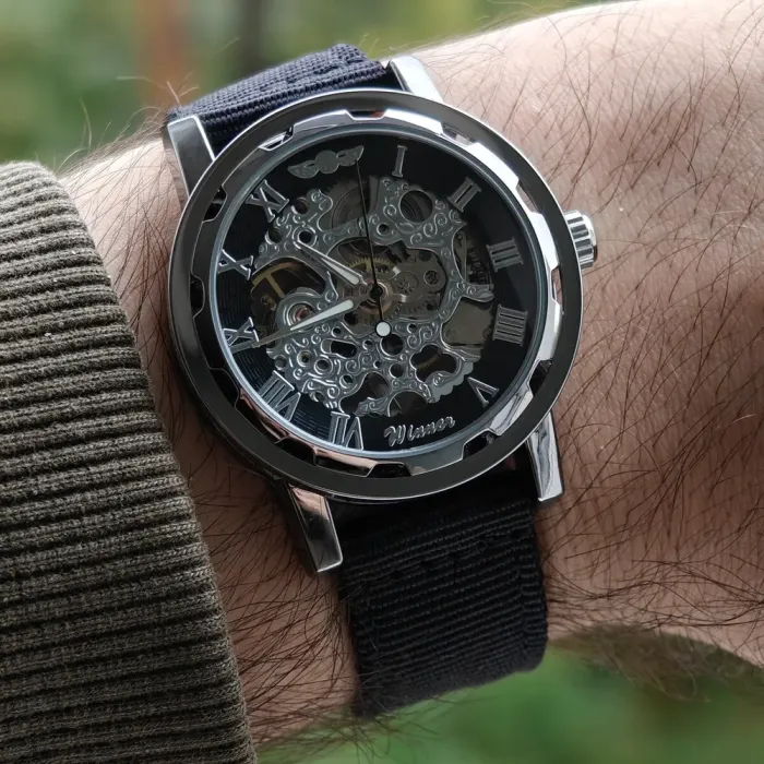 Чоловічий механічний годинник Winner Black Textile Classic, 2 ремінці - зображення 7